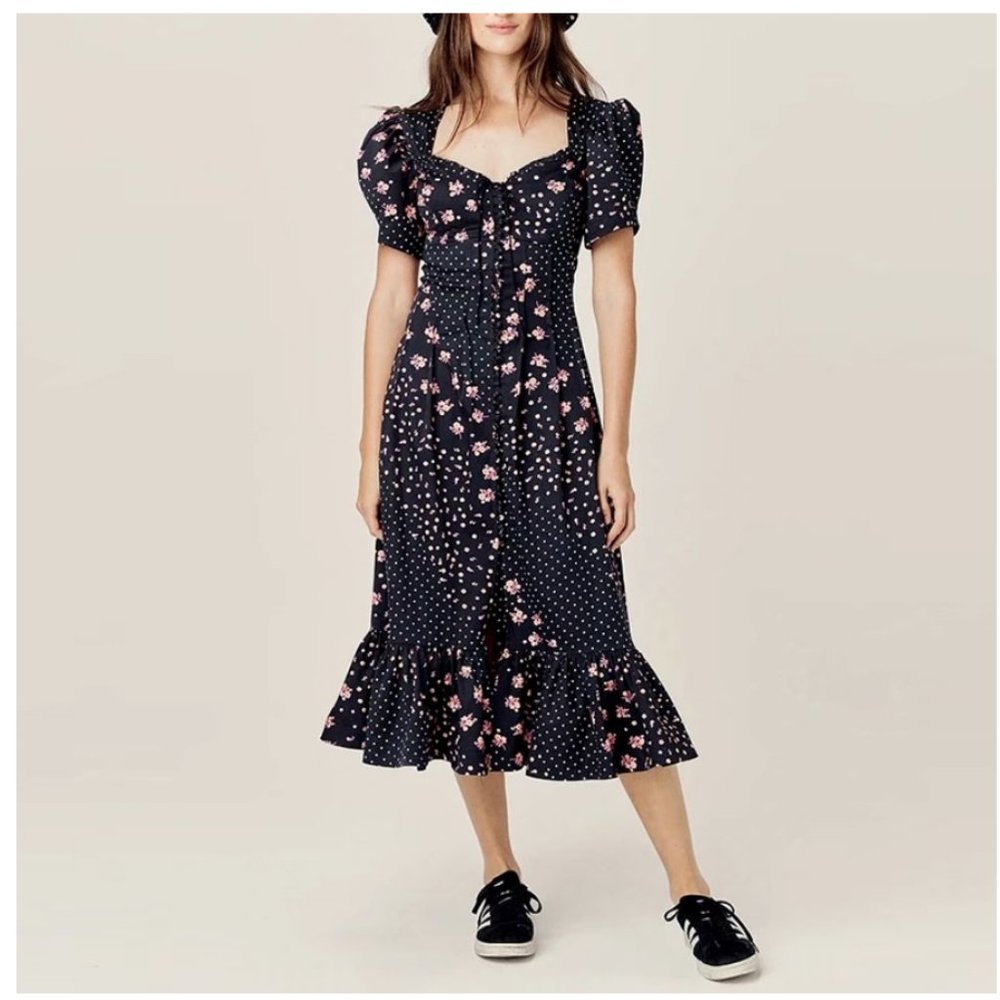 black Boho floral Print Puff sleeve midi dress - Picture 5 of 6